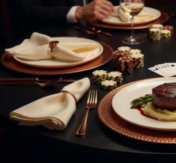 Eleganckie dania i koktajle serwowane przy stoliku pokerowym