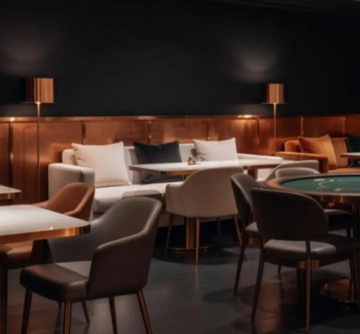 Wnętrze restauracji-lounge w stylu black & copper z pokerowym stołem